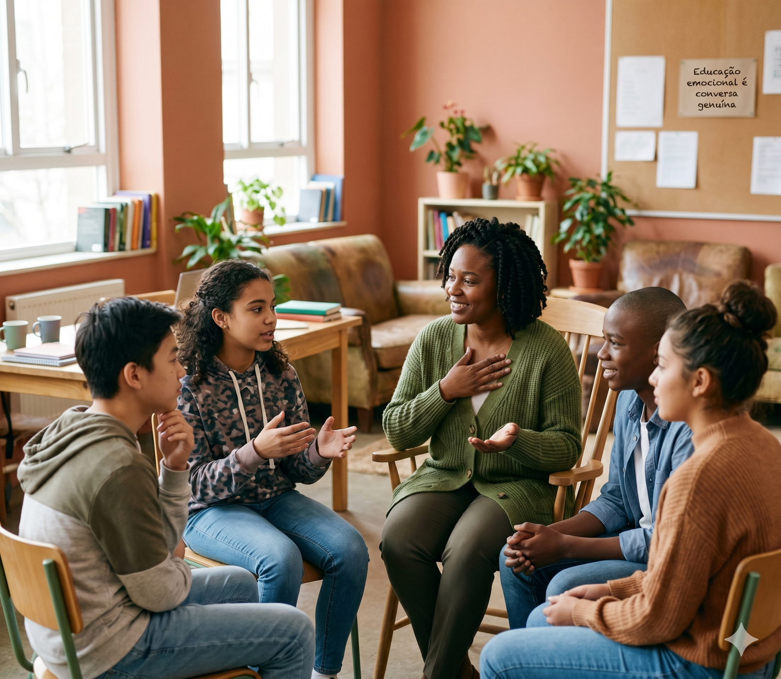 Facilitador em discussão respeitosa com grupo de adolescentes em roda
